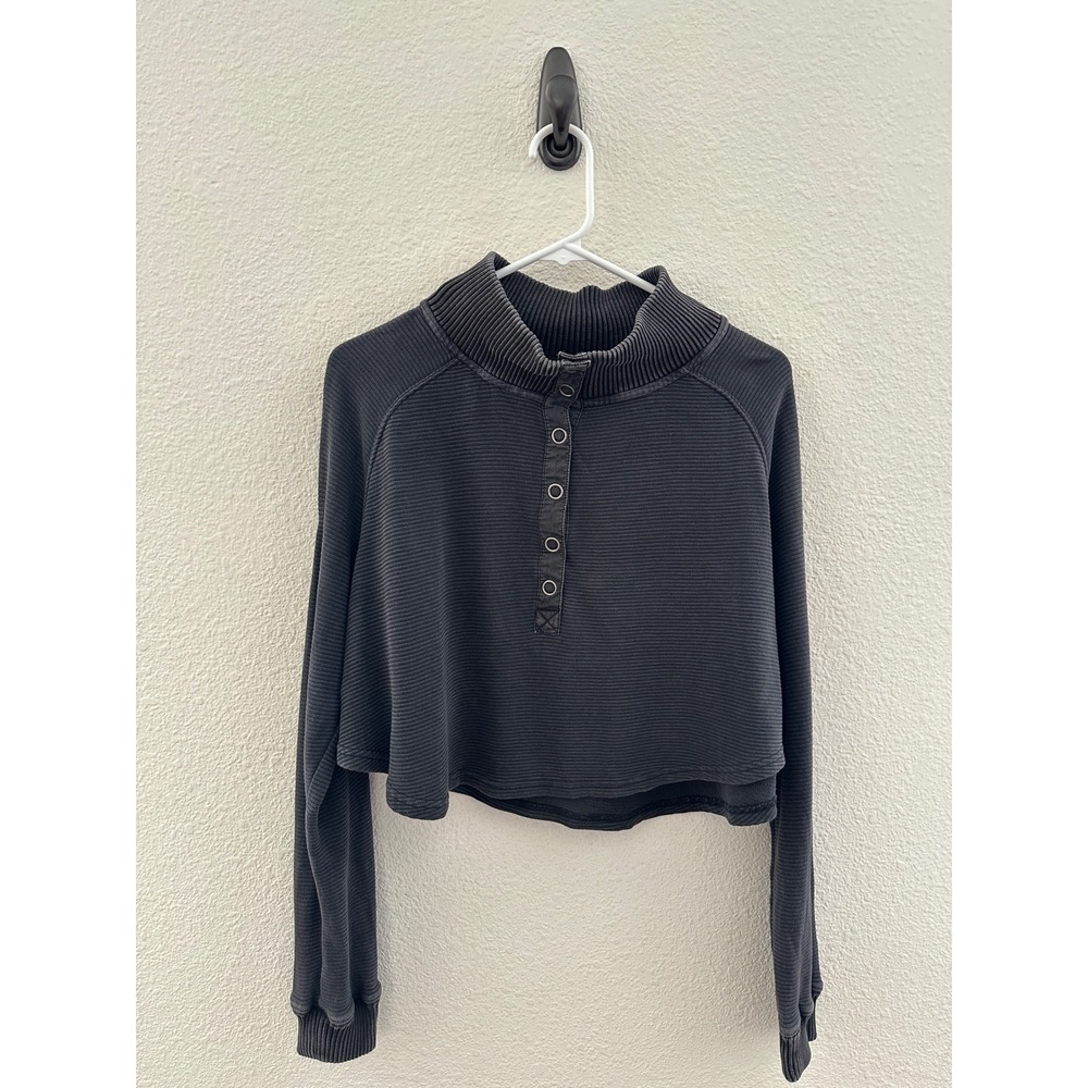 Free People Movement Pullover Black Ribbed So Fly Cotton Henley Cropped Top